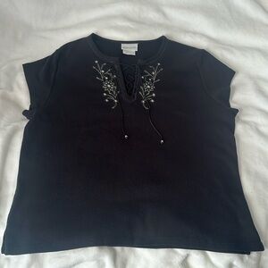 Pierre Cardin Short Sleeve Blouse Embroidered Lace Up